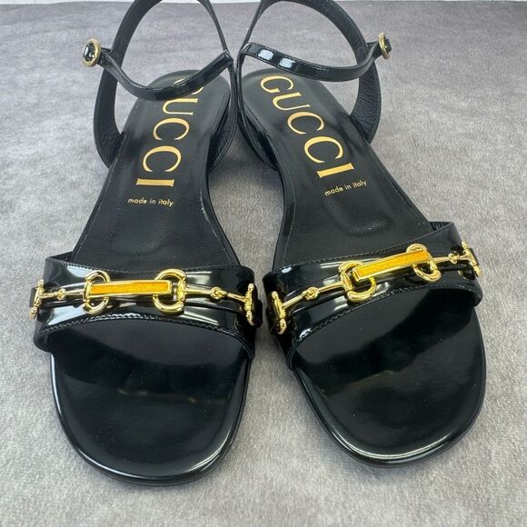 Gucci NIB Horsebit Black Patent Sandals Flats 38.5 - Picture 4 of 12